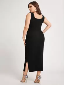 Chikora 大碼素色開衩下擺洋裝 - 黑色 - 查看 2