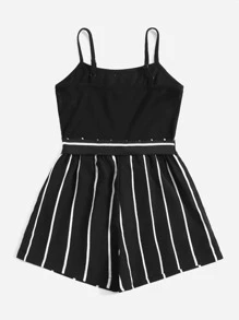 SHEIN Girls Striped Belted Cami Romper - Black - View 2