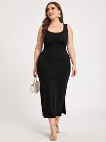 Chikora 大碼素色開衩下擺洋裝 - 黑色 - 查看 3