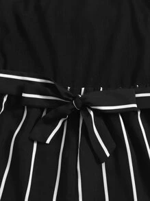 SHEIN Girls Striped Belted Cami Romper - Black - View 4