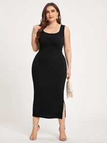 Chikora 大碼素色開衩下擺洋裝 - 黑色 - 查看 4