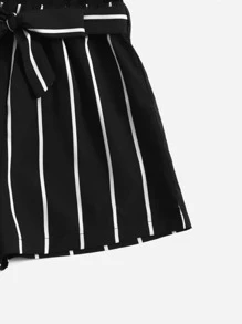 SHEIN Girls Striped Belted Cami Romper - Black - View 3