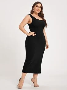 Chikora 大碼素色開衩下擺洋裝 - 黑色 - 查看 5