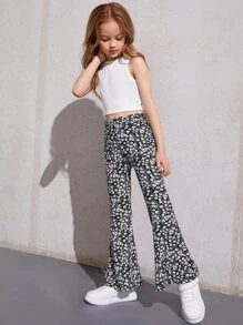 SHEIN Leap Crew Girls Crop Tank & Floral Print Flare Leg Trousers Set - Black and White - View 4