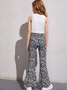 SHEIN Leap Crew Girls Crop Tank & Floral Print Flare Leg Trousers Set - Black and White - View 2