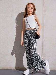 SHEIN Leap Crew Girls Crop Tank & Floral Print Flare Leg Trousers Set - Black and White - View 1