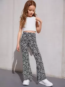 SHEIN Leap Crew Girls Crop Tank & Floral Print Flare Leg Trousers Set - Black and White - View 3