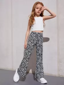 SHEIN Leap Crew Girls Crop Tank & Floral Print Flare Leg Trousers Set - Black and White - View 5