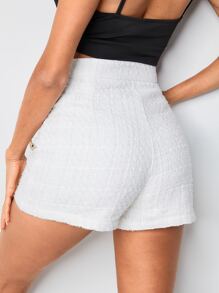 高腰紐扣細節闊腿粗花呢短褲 - 白色 - 查看 2