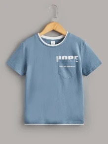 SHEIN Tops con trai Túi Slogan Giải trí - Màu xanh bụi bặm - Xem 1