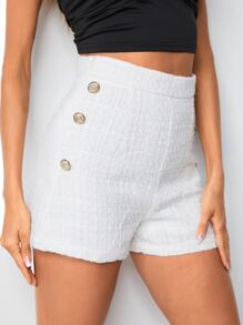 高腰紐扣細節闊腿粗花呢短褲 - 白色 - 查看 3