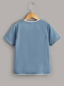 SHEIN Tops con trai Túi Slogan Giải trí - Màu xanh bụi bặm - Xem 2