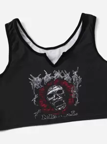 ROMWE Goth Set de lencería con estampado de esqueleto con abertura