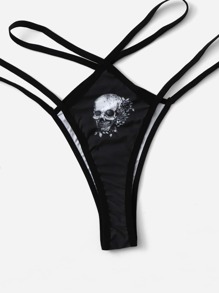 ROMWE Goth Set de lencería con estampado de esqueleto con abertura