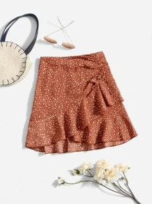 SHEIN Niñas Falda con estampado fruncido bajo con fruncido - Naranja Quemada - Ver 1