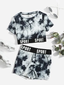 SHEIN 孩童女孩染色字母帶短袖t卹和短褲套裝 - 彩色 - 查看 1