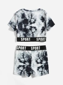 SHEIN 孩童女孩染色字母帶短袖t卹和短褲套裝 - 彩色 - 查看 2