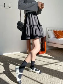 DAZY High Waist Frill Trim Skirt Summer,Ruffle - Black - View 6