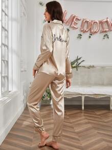 Bridesmaid Print Contrast Binding Satin PJ Set - Champagne - View 1