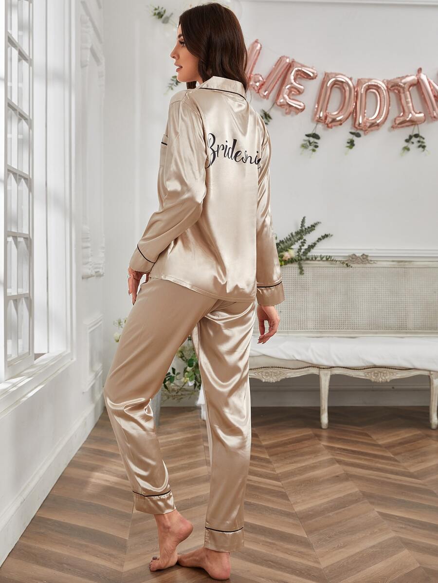Bridesmaid Print Contrast Binding Satin PJ Set - Champagne - View 1