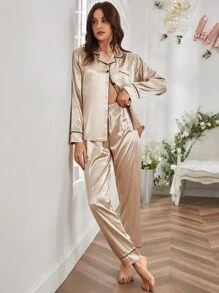 Bridesmaid Print Contrast Binding Satin PJ Set - Champagne - View 2