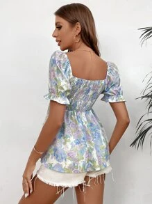 SHEIN Unity Áo sơ mi nữ Xù Dải chun Hoa Tất cả trên in Boho - Nhiều màu - Xem 2