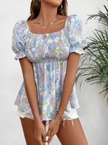 SHEIN Unity Áo sơ mi nữ Xù Dải chun Hoa Tất cả trên in Boho - Nhiều màu - Xem 5