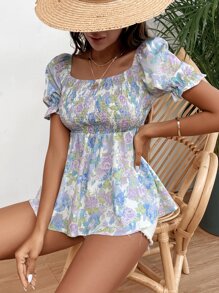 SHEIN Unity Áo sơ mi nữ Xù Dải chun Hoa Tất cả trên in Boho - Nhiều màu - Xem 7