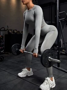 Seamless Raglan Sleeve & Holes Wide Waistband Sports Set Outfit Set - Grey - View 2