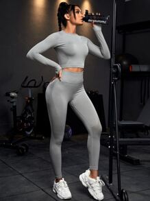 Seamless Raglan Sleeve & Holes Wide Waistband Sports Set Outfit Set - Grey - View 3