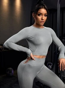 Seamless Raglan Sleeve & Holes Wide Waistband Sports Set Outfit Set - Grey - View 4