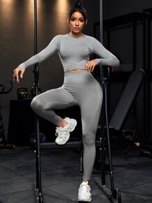 Seamless Raglan Sleeve & Holes Wide Waistband Sports Set Outfit Set - Grey - View 5