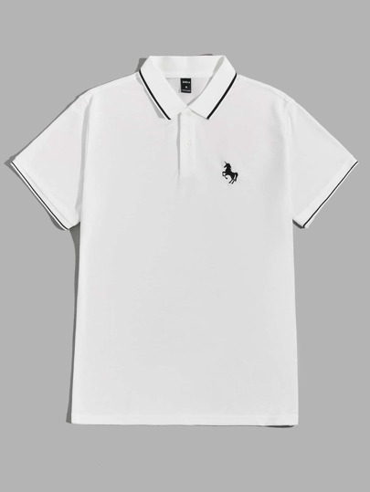 Manfinity BRENVOR Men Casual Plain Unicorn Embroidery Contrast Trim Half Button Polo Shirt, For Boyfriend Gift