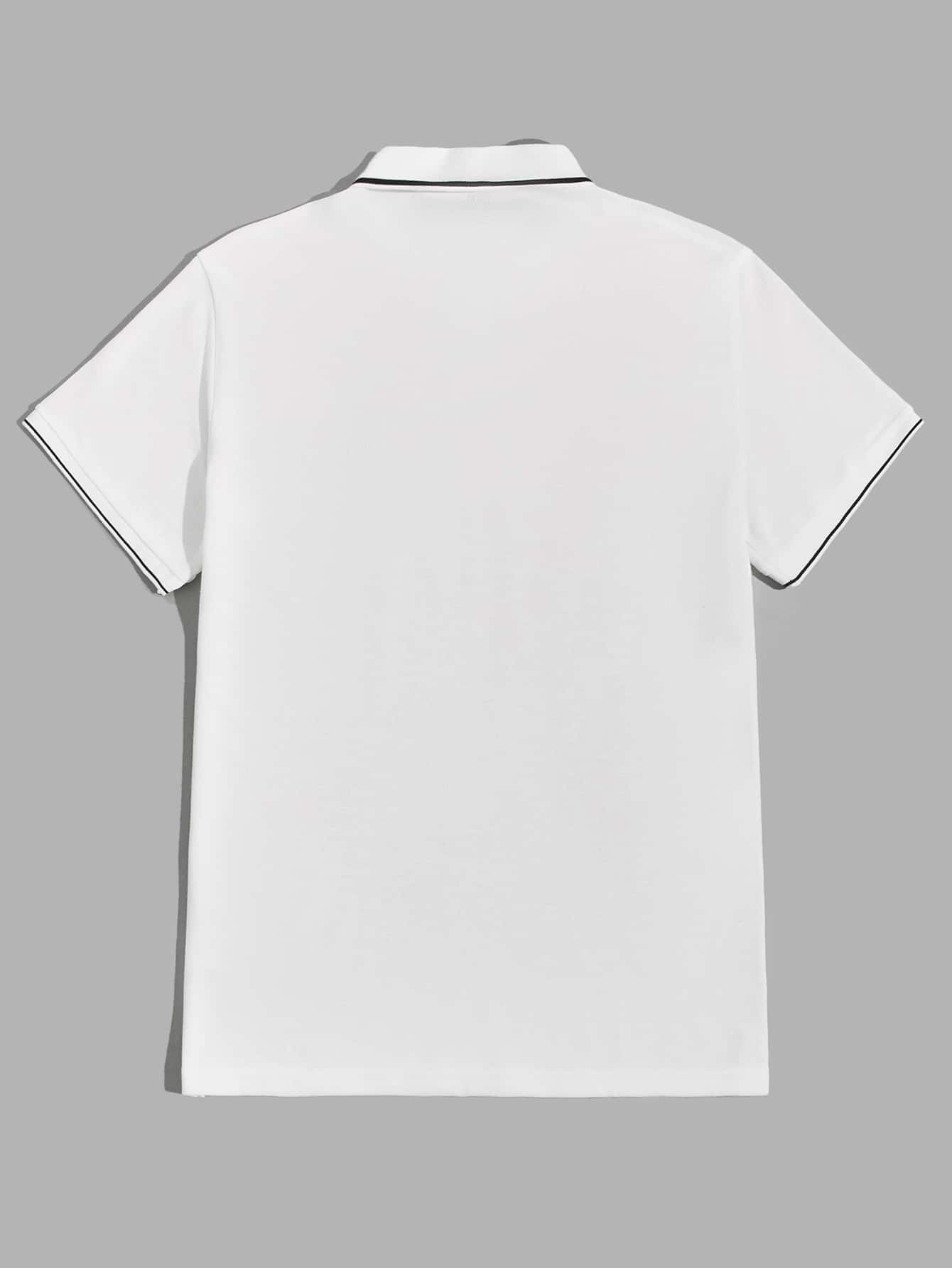 SWAVVY Men Casual Plain Unicorn Embroidery Contrast Trim Half Button Polo Shirt, For Boyfriend Gift - White - View 2