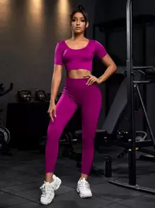 POWERISTA Powerista 2pcs Seamless High Stretch Yoga Set Sports Suit Scoop Neck Top Tummy Control Leggings Gym Clothes Workout Women Set