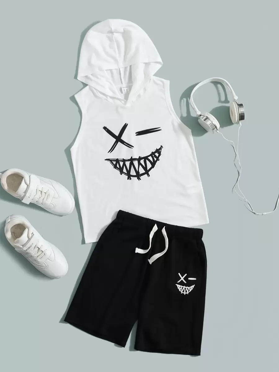 SHEIN Tween Boy Cartoon Graphic Hooded Top & Drawstring Waist Shorts - Black - View 1