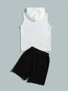 SHEIN Tween Boy Cartoon Graphic Hooded Top & Drawstring Waist Shorts - Black - View 2