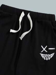 SHEIN Tween Boy Cartoon Graphic Hooded Top & Drawstring Waist Shorts - Black - View 4