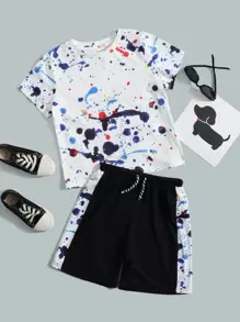 SHEIN Bộ thời trang bé trai Dây kéo Sọc bên Đồ họa Giải trí - Nhiều màu - Xem 1