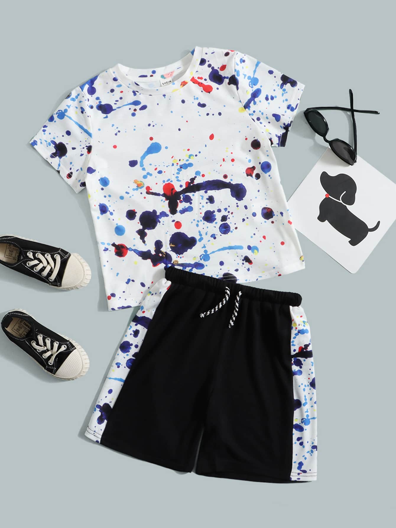 SHEIN Bộ thời trang bé trai Dây kéo Sọc bên Đồ họa Giải trí - Nhiều màu - Xem 1