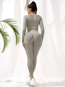 Easithlete Seamless Eyelet Detail Raglan & Top Stitching Sports Set Workout Set Outfit Set - Khaki - View 1