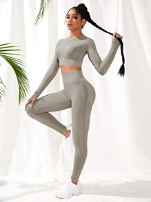 Easithlete Seamless Eyelet Detail Raglan & Top Stitching Sports Set Workout Set Outfit Set - Khaki - View 2