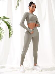 Easithlete Seamless Eyelet Detail Raglan & Top Stitching Sports Set Workout Set Outfit Set - Khaki - View 3