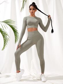 Easithlete Seamless Eyelet Detail Raglan & Top Stitching Sports Set Workout Set Outfit Set - Khaki - View 4