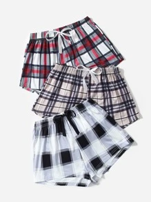 3pcs Women'S Plaid Shorts Pajama Bottom Set - Multicolor - View 3