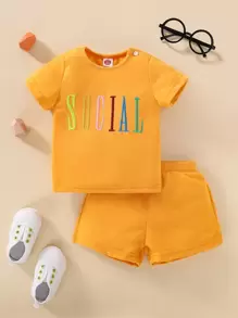 嬰兒字母刺繡T恤和短褲 - 芥末黃 - 查看 1