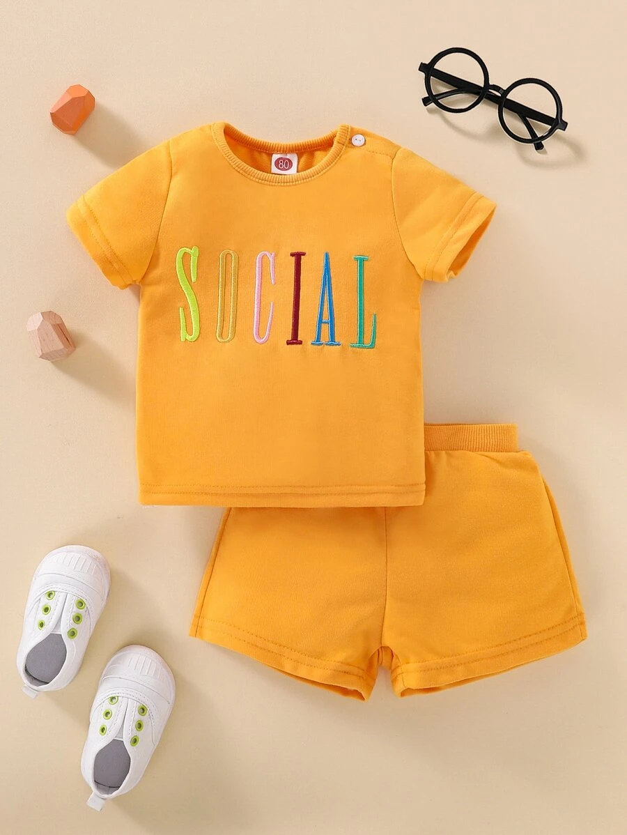 嬰兒字母刺繡T恤和短褲 - 芥末黃 - 查看 1