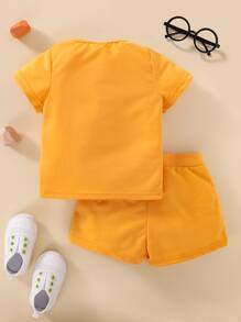 嬰兒字母刺繡T恤和短褲 - 芥末黃 - 查看 2