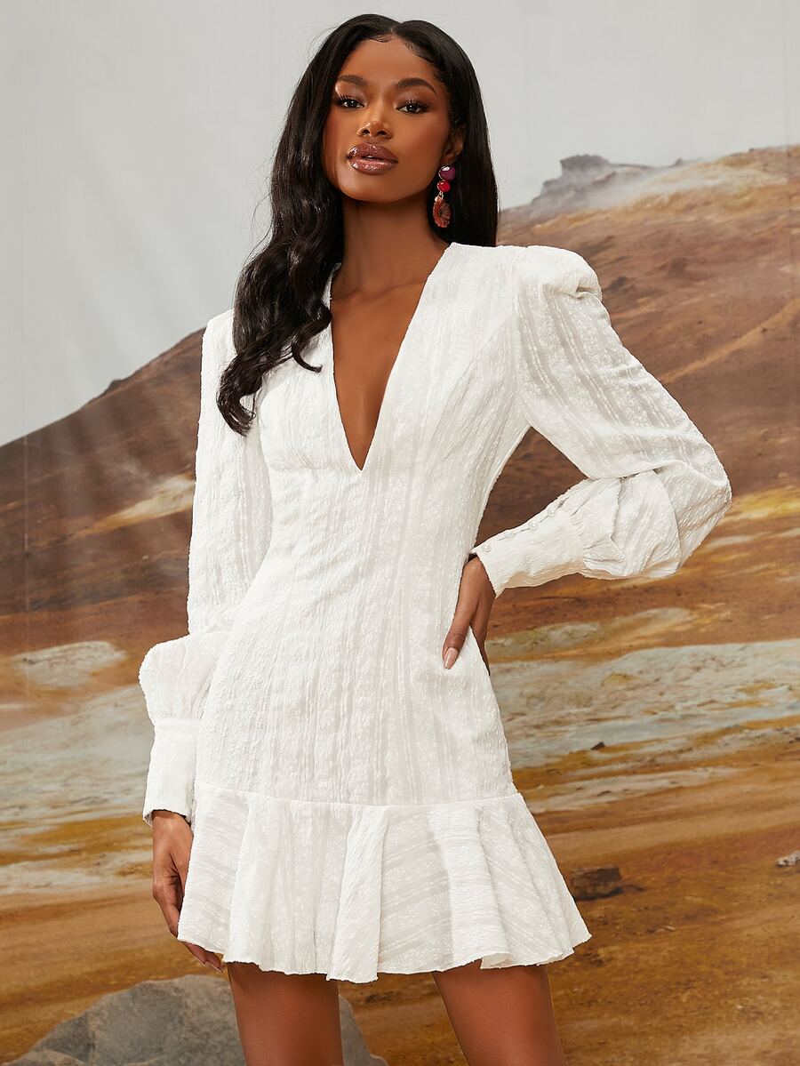 SHEINNeu Đầm Viên lá sen Dây kéo màu trơn Thanh lịch - trắng - Xem 1