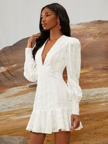 SHEINNeu Đầm Viên lá sen Dây kéo màu trơn Thanh lịch - trắng - Xem 3